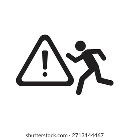Evacuação de emergência correr aviso ícone símbolo símbolo sólido glifo vetor design elemento escape sair perigo alerta segurança urgência fugir pessoa
