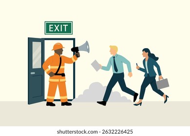 Emergency evacuation scene in an office building. A firefighter is guiding people toward an exit, representing urgency, Useful for topics related to safety, and disaster preparedness.