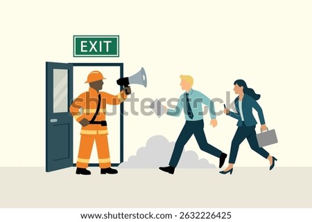 Emergency evacuation scene in an office building. A firefighter is guiding people toward an exit, representing urgency, Useful for topics related to safety, and disaster preparedness.