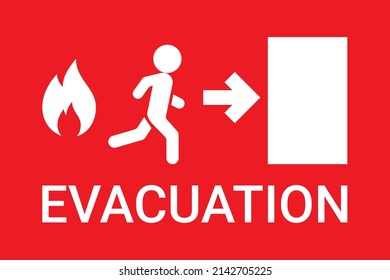 Emergency evacuation sign, fire exit. Man run toward exit door from fire. Red signboard. Vector illustration 