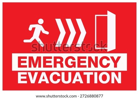 Emergency evacuation sign with running man icon and directional arrows pointing to an open door.
