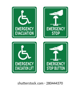 Emergency evacuation and stop button sign vector set