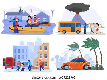 Emergency Evacuation Victims Of Natural Disasters, Flood, Earthquake And Volcano Eruption, Vector Illustration. People Rescue From Storm, Hurricane, Typhoon. Extreme Weather Cataclysm Natural Disaster