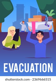 Emergency evacuation victims of natural disasters, flood, earthquake. People rescue from storm, hurricane cat, things. Extreme weather cataclysm vector flat illustration. Surviving affected need help