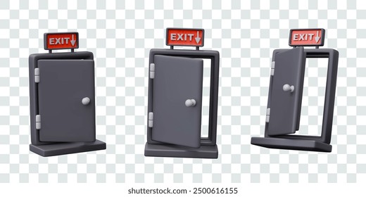 Emergency exit. 3D black open door with text exit. Isolated templates in different positions