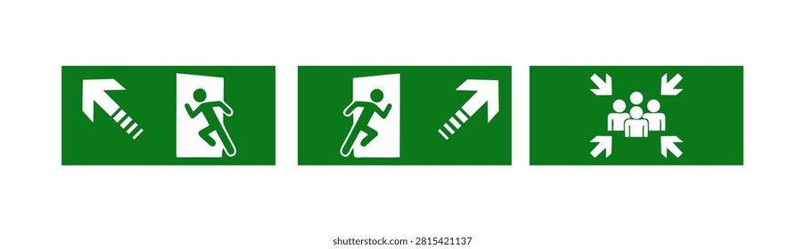 Emergency exit and assembly point sign collection with running man pictograms, ISO 7010 safety vector set isolated on white background