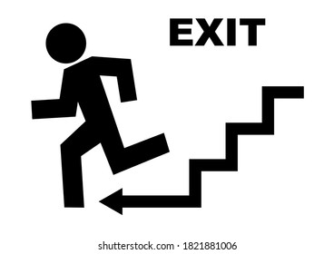 emergency exit, black vector icon on white background, man running away from danger	