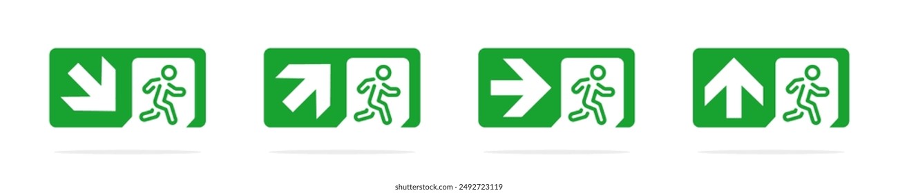 Emergency exit cion set. Green exit arrows. Evacuation direction. Flat style vector icons.