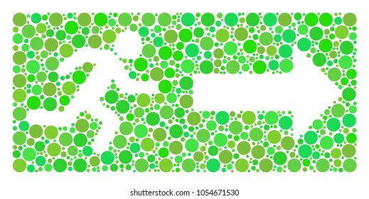 Emergency Exit collage of dots in different sizes and green color tones. Vector round elements are grouped into emergency exit illustration. Ecological design concept.