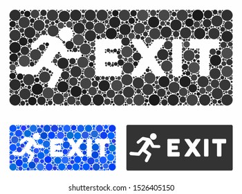 Emergency exit composition for emergency exit icon of spheric dots in variable sizes and color tints. Vector round dots are composed into blue composition.