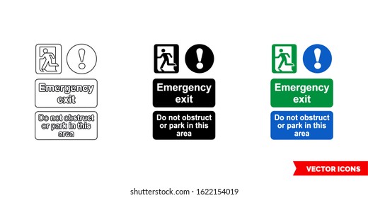 Emergency exit do not obstuct or park in this area  notice sign icon of 3 types: color, black and white, outline. Isolated vector sign symbol.