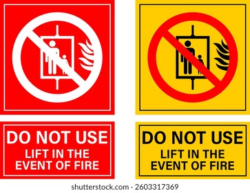 Emergency exit, do not use lift in the event fire safety symbols on red rectangle board notification sign for pictograms