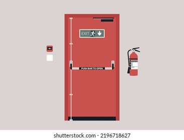 Emergency exit door, alarm button and fire extinguisher, industrial safety