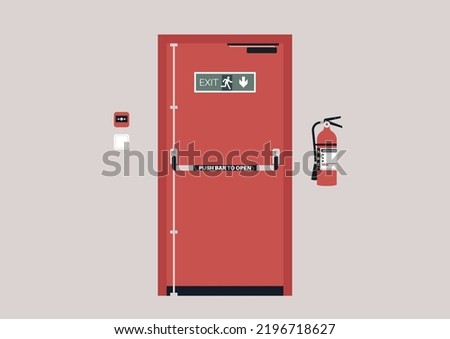 Emergency exit door, alarm button and fire extinguisher, industrial safety
