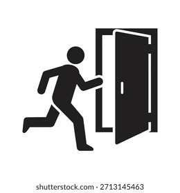 Saída de emergência porta ícone de evacuação símbolo sólido glifo vetor projeto elemento correr escape homem fugir segurança fogo deixar edifício sinal caminho