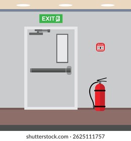 Porta de saída de emergência, porta de saída de incêndio com alarme de incêndio e extintor.