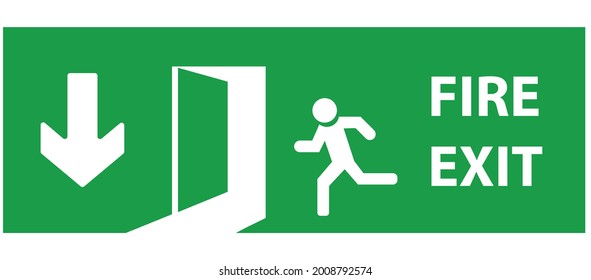 Emergency exit door. Fire exit emergency door guides to the safe exit. The man is heading towards the door in the direction of the arrow. Safety and warning sign. Vector design eps 10.