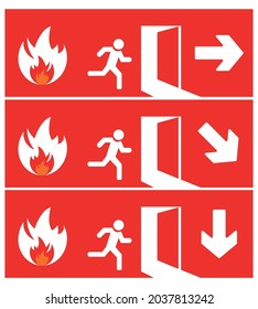 Emergency exit door set. The fire exit emergency door guides the safe exit. Security concept. Vector design eps 10.