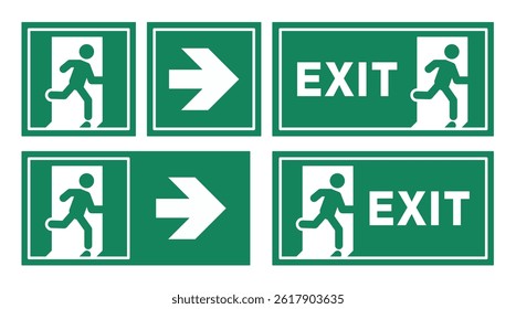 Emergency Exit Door Sign. Evacuation sign for safety with people running, door and arrow symbol illustration.