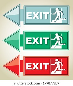 Emergency exit door, sign with human figure on stairs, vector