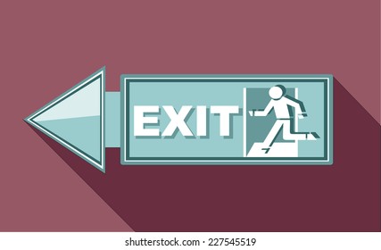 Emergency exit door, sign with human figure on stairs, vector