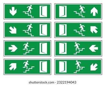 Emergency exit door. Sign with a human figure on the stairs. Vector illustration. EPS 10.