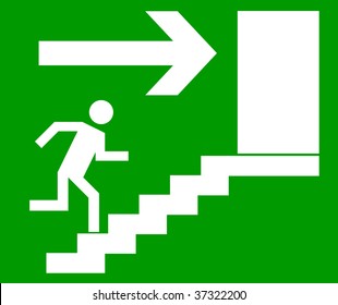 Emergency exit door, sign with human figure on stairs, vector