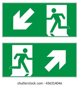 Emergency exit downward left , Emergency exit upward right , escape route signs , vector illustration