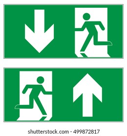 Emergency exit downward, emergency exit upward, escape route signs, vector illustration.