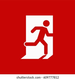 Emergency exit, escape route sign. Red background. Vector illustration