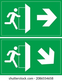 Emergency Exit, fire earthquake emergency exit pictogram, green, human, door, right and left, down and up, orientation, arrow, vector, illustraton, signage, information, symbol, evacuation