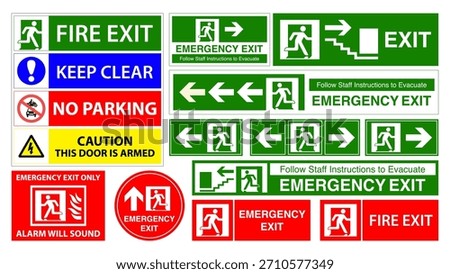 Emergency Exit and Fire Safety Sign Set – Fire Exit, Emergency Evacuation, Warning and Safety Instruction Icons Collection – Vector Illustration
