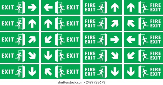 Emergency exit and fire exit sign set, running man icon to door, green color, arrow vector, warning sign plate