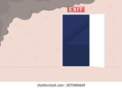 Emergency exit flat color vector illustration. Evacuating building in disaster case. Access to outside. Exit discharge. Emergency evacuation route 2D cartoon interior with smoke on background