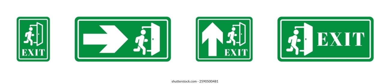 Emergency exit green board icons. Exit symbols on green safety boards