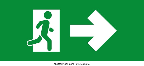 Emergency exit green sign with arrow, exit person out door for protection. Man go out through door, warning sign. Vector illustration