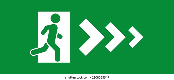 Emergency exit green sign with arrow, exit person out door for protection. Man go out through door, warning sign. Vector illustration