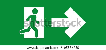 Emergency exit green sign with arrow, exit person out door for protection. Man go out through door, warning sign. Vector illustration