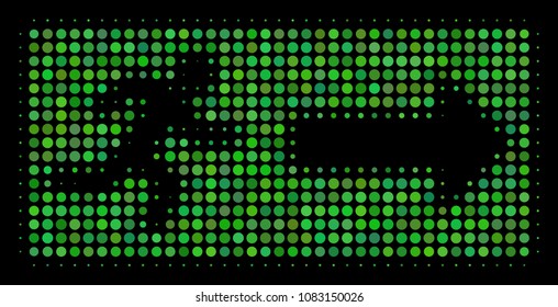 Emergency exit halftone vector icon. Illustration style is pixel iconic emergency exit symbol on a black background. Halftone pattern is build with round spots.