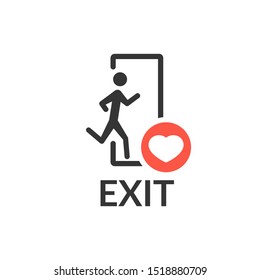 Emergency exit with human figure icon with heart sign, favorite, like, love, care symbol.