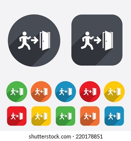Emergency exit with human figure sign icon. Door with right arrow symbol. Fire exit. Circles and rounded squares 12 buttons. Vector