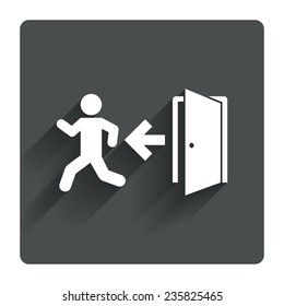 Emergency exit with human figure sign icon. Door with left arrow symbol. Fire exit. Gray flat square button with shadow. Modern UI website navigation. Vector
