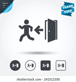 Emergency exit with human figure sign icon. Door with left arrow symbol. Fire exit. Circle and square buttons. Flat design set. Thank you ribbon. Vector