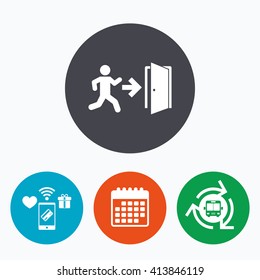 Emergency exit with human figure sign icon. Door with right arrow symbol. Fire exit. Mobile payments, calendar and wifi icons. Bus shuttle.