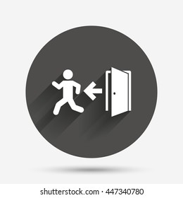 Emergency exit with human figure sign icon. Door with left arrow symbol. Fire exit. Circle flat button with shadow. Vector