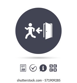 Emergency exit with human figure sign icon. Door with left arrow symbol. Fire exit. Report document, information and check tick icons. Currency exchange. Vector