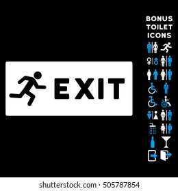 Emergency Exit icon and bonus gentleman and lady restroom symbols. Vector illustration style is flat iconic bicolor symbols, blue and white colors, black background.