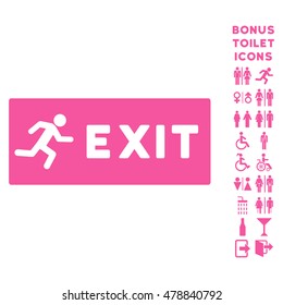 Emergency Exit icon and bonus man and lady lavatory symbols. Vector illustration style is flat iconic symbols, pink color, white background.