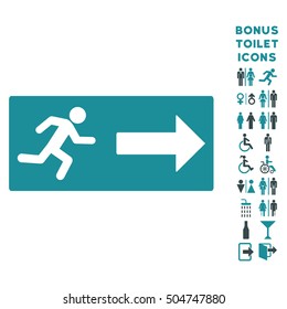 Emergency Exit icon and bonus man and female toilet symbols. Vector illustration style is flat iconic bicolor symbols, soft blue colors, white background.