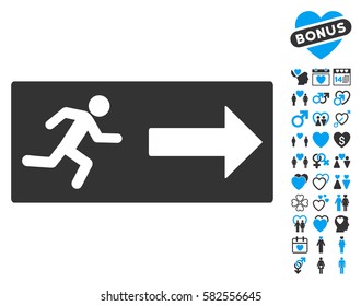 Emergency Exit icon with bonus valentine graphic icons. Vector illustration style is flat iconic blue and gray symbols on white background.